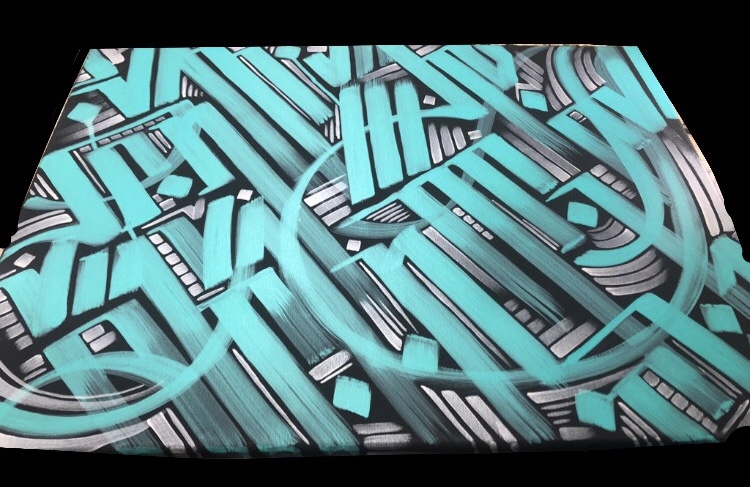 Calligraffiti on canvas in teal and silver