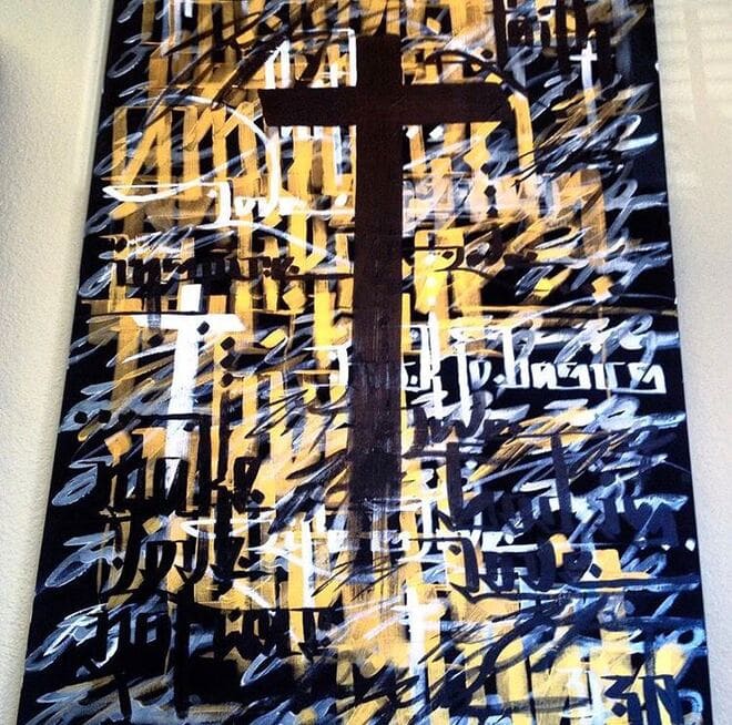 Calligraffiti Cross on Canvas painted in acrylic paint with gold, white and silver