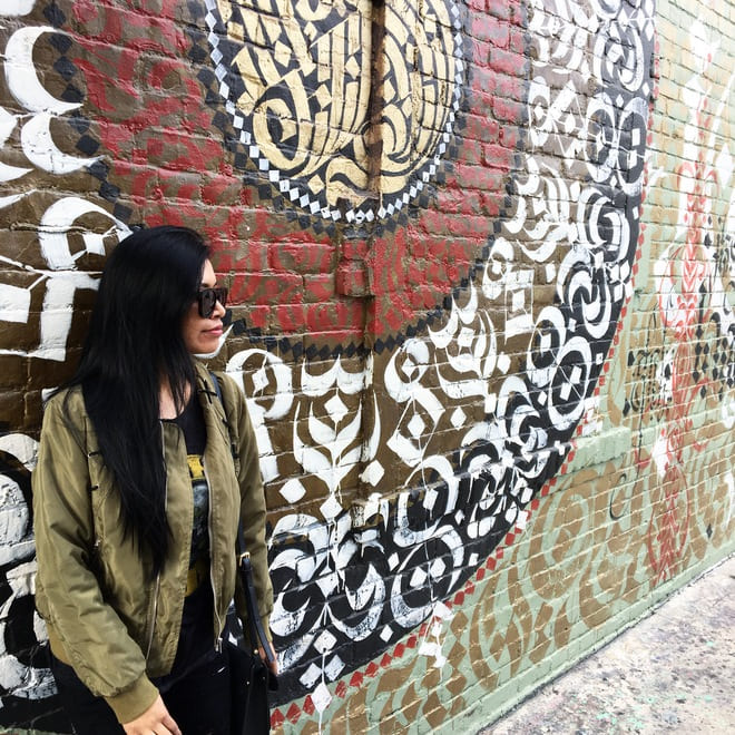 Calligraffiti mandala in Downtown L.A with beautiful Anna leaning against it