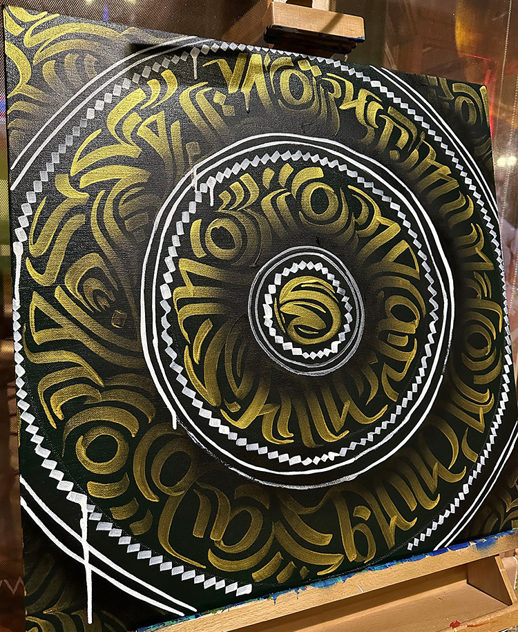 3d calligraphy mandala by Zak Perez painted live during a DTSA art walk